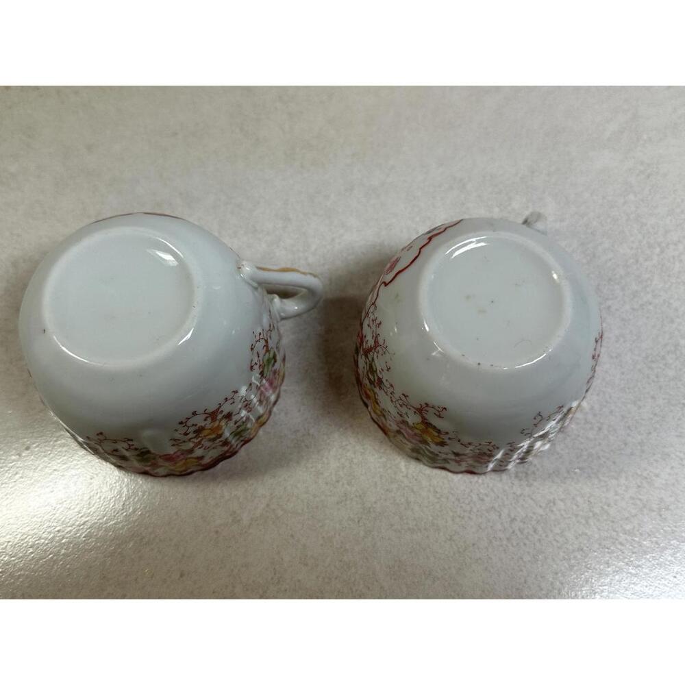 VTG Japanese Hand Painted Geisha Tea Cups & Saucers Pair Red Trim Moriage Style - Picture 5 of 7